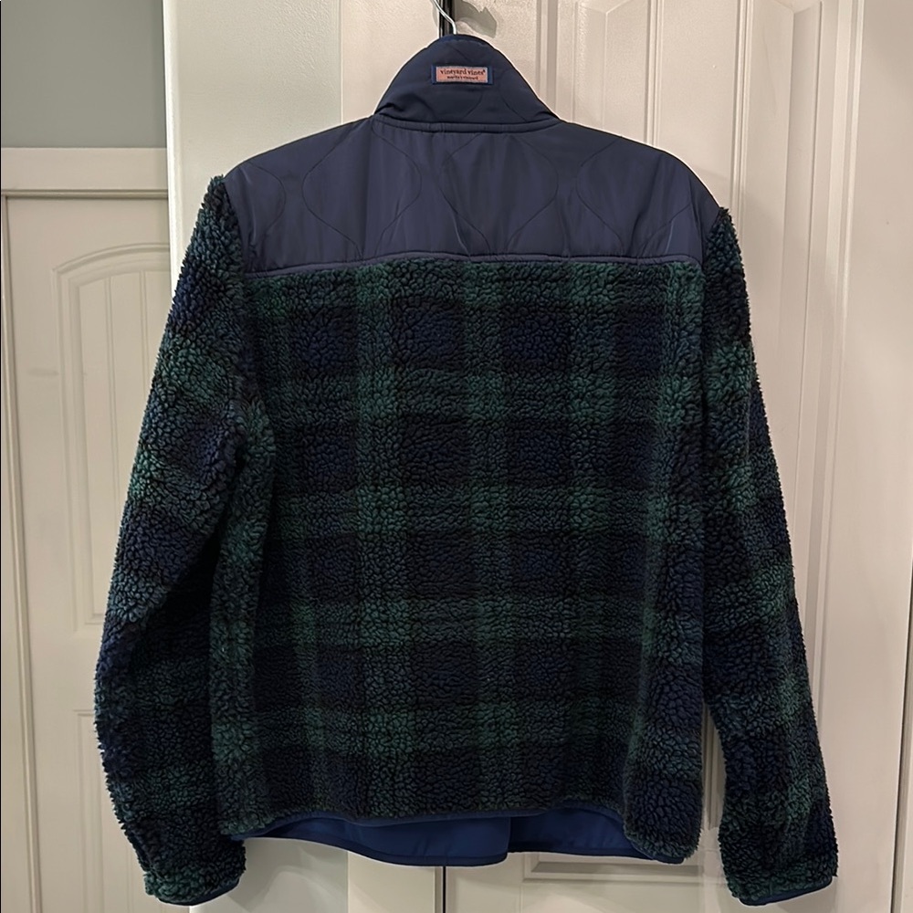 Vineyard Vines Green and Navy Plaid Fleece Pullover - Picture 2 of 5